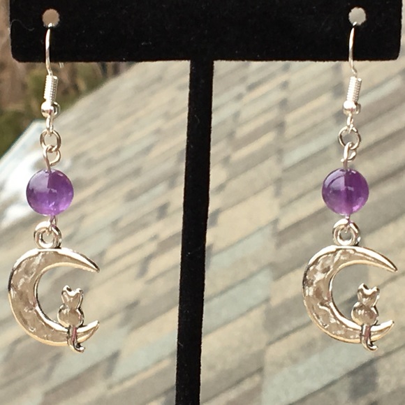 PeaceFrog Jewelry - Purple Amethyst Cat in the Moon Earrings